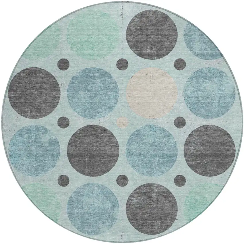 8' Teal Blue Charcoal And Beige Round Geometric Washable Indoor Outdoor Area Rug Photo 1