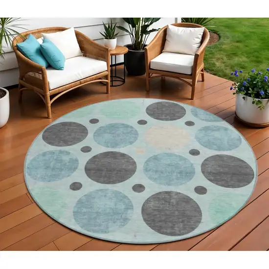8' Teal Blue Charcoal And Beige Round Geometric Washable Indoor Outdoor Area Rug Photo 2