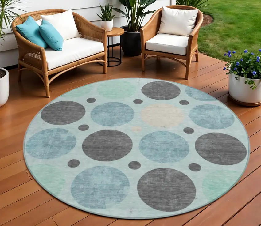 8' Teal Blue Charcoal And Beige Round Geometric Washable Indoor Outdoor Area Rug Photo 2