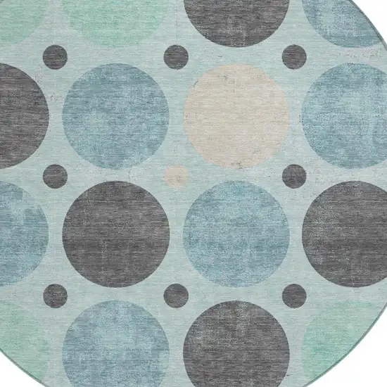 8' Teal Blue Charcoal And Beige Round Geometric Washable Indoor Outdoor Area Rug Photo 8