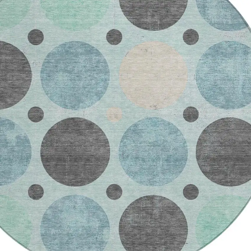 8' Teal Blue Charcoal And Beige Round Geometric Washable Indoor Outdoor Area Rug Photo 8