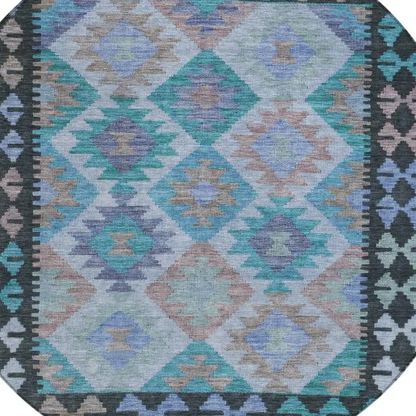 8' Teal Blue Charcoal And Copper Round Tribal Washable Indoor Outdoor Area Rug Photo 4