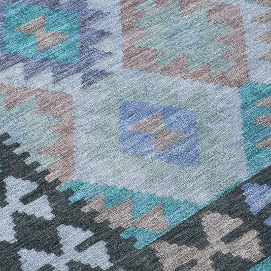 8' Teal Blue Charcoal And Copper Round Tribal Washable Indoor Outdoor Area Rug Photo 8