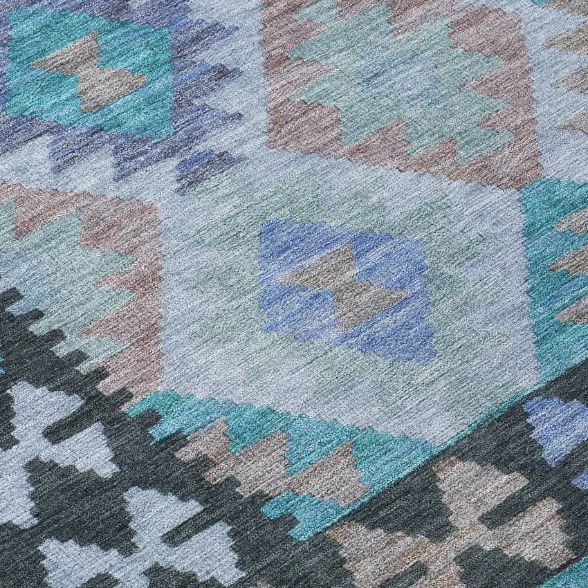 8' Teal Blue Charcoal And Copper Round Tribal Washable Indoor Outdoor Area Rug Photo 8