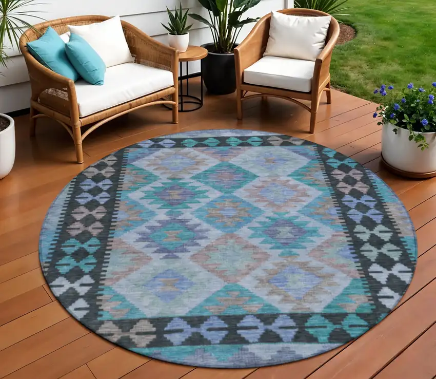 8' Teal Blue Charcoal And Copper Round Tribal Washable Indoor Outdoor Area Rug Photo 2