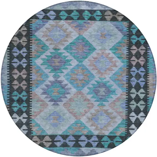8' Teal Blue Charcoal And Copper Round Tribal Washable Indoor Outdoor Area Rug Photo 1