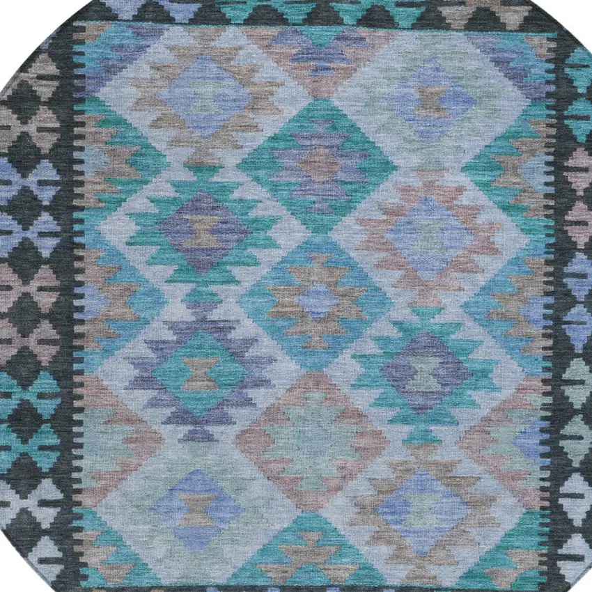 8' Teal Blue Charcoal And Copper Round Tribal Washable Indoor Outdoor Area Rug Photo 9