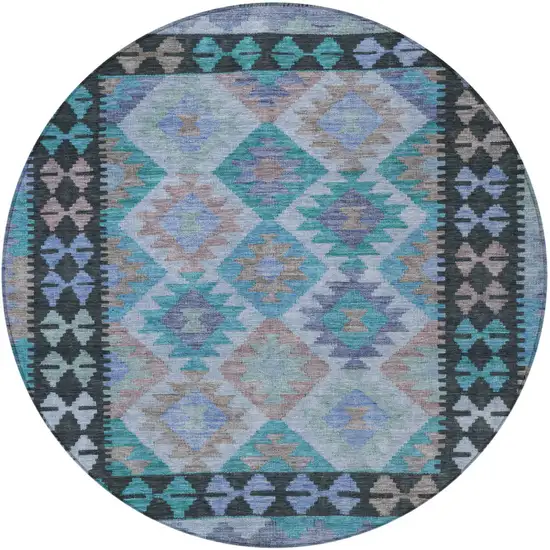 8' Teal Blue Charcoal And Copper Round Tribal Washable Indoor Outdoor Area Rug Photo 3