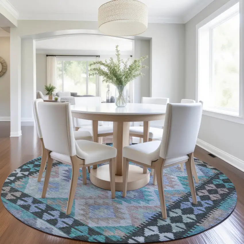 8' Teal Blue Charcoal And Copper Round Tribal Washable Indoor Outdoor Area Rug Photo 6