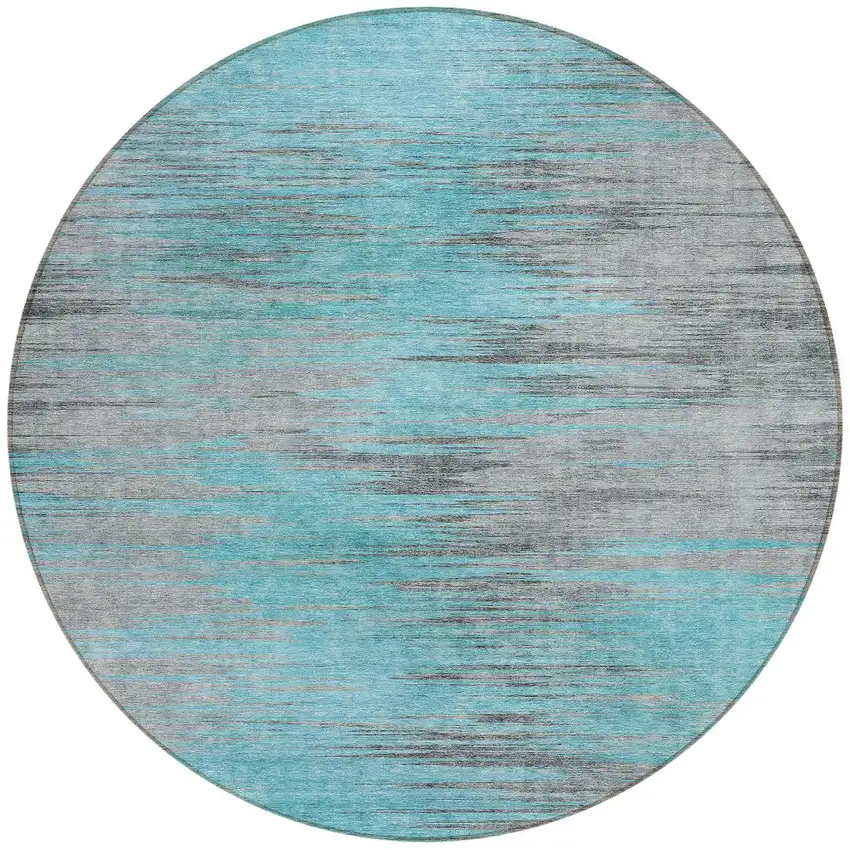 8' Teal Blue Charcoal And Gray Round Abstract Washable Indoor Outdoor Area Rug Photo 5