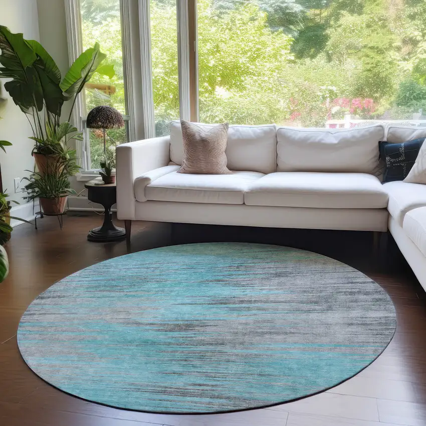 8' Teal Blue Charcoal And Gray Round Abstract Washable Indoor Outdoor Area Rug Photo 7