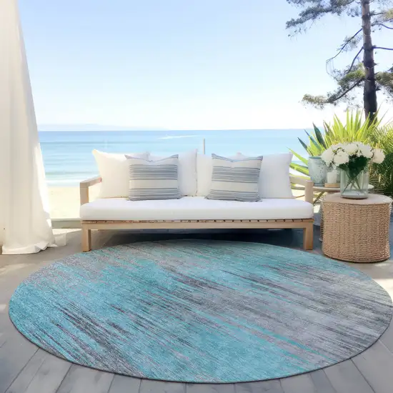 8' Teal Blue Charcoal And Gray Round Abstract Washable Indoor Outdoor Area Rug Photo 6