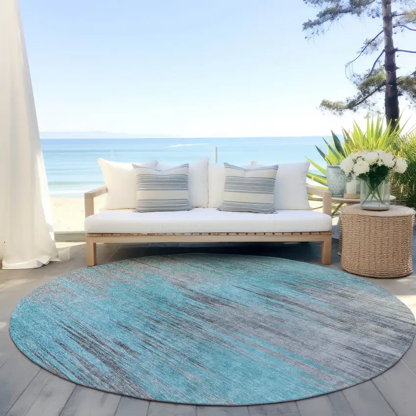 8' Teal Blue Charcoal And Gray Round Abstract Washable Indoor Outdoor Area Rug Photo 6
