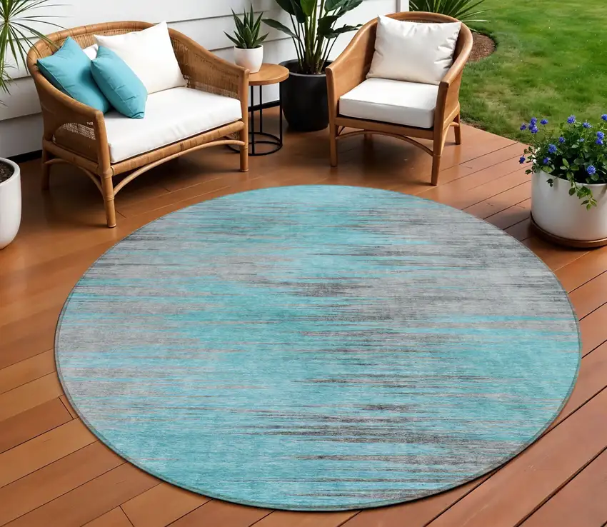 8' Teal Blue Charcoal And Gray Round Abstract Washable Indoor Outdoor Area Rug Photo 1