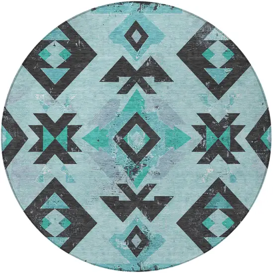 8' Teal Blue Charcoal And Pale Aqua Round Aztec Washable Indoor Outdoor Area Rug Photo 3