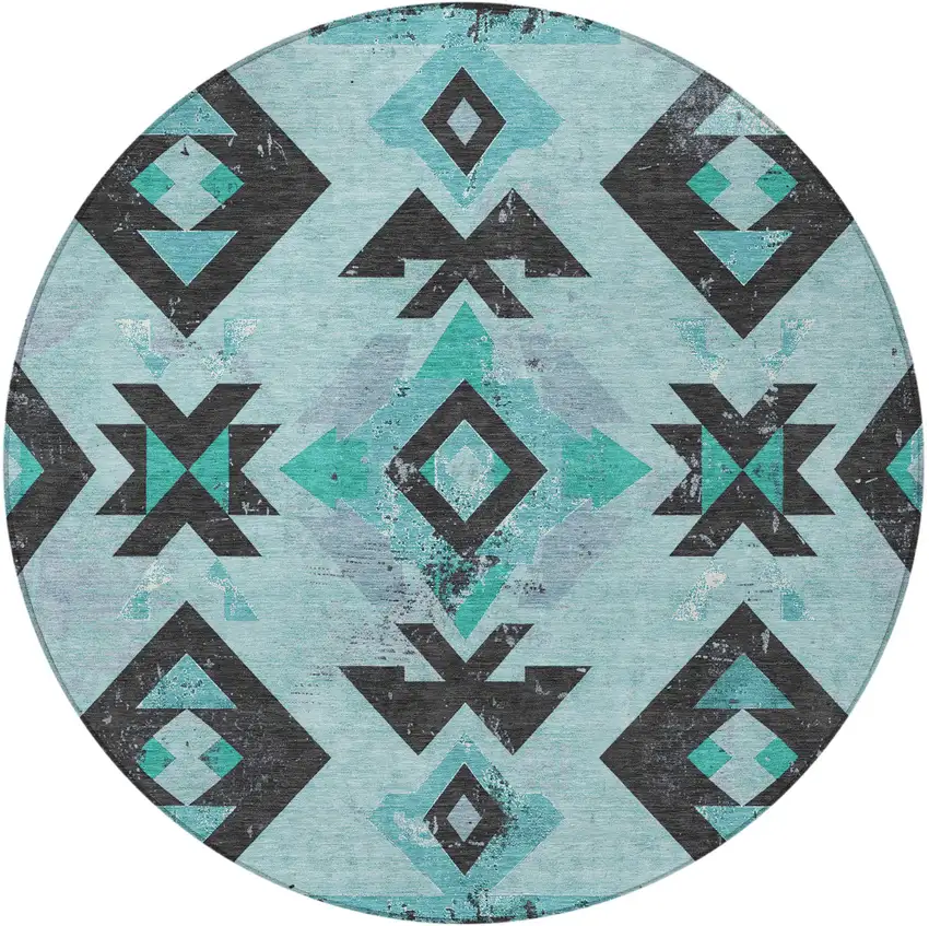 8' Teal Blue Charcoal And Pale Aqua Round Aztec Washable Indoor Outdoor Area Rug Photo 3