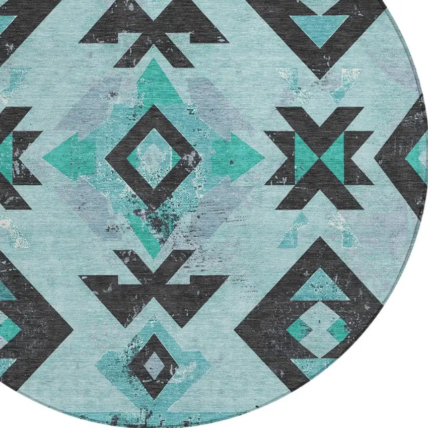 8' Teal Blue Charcoal And Pale Aqua Round Aztec Washable Indoor Outdoor Area Rug Photo 8