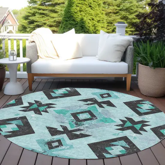 8' Teal Blue Charcoal And Pale Aqua Round Aztec Washable Indoor Outdoor Area Rug Photo 5
