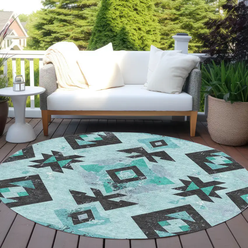 8' Teal Blue Charcoal And Pale Aqua Round Aztec Washable Indoor Outdoor Area Rug Photo 5