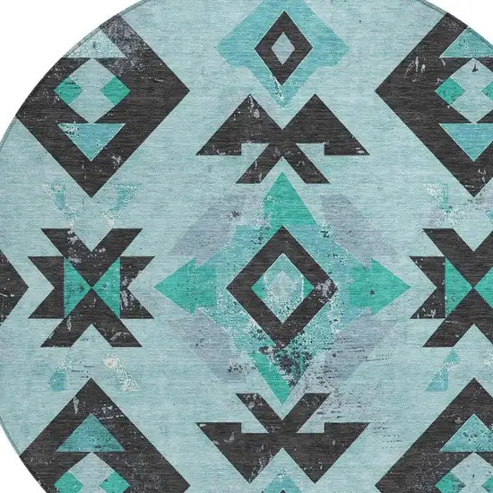 8' Teal Blue Charcoal And Pale Aqua Round Aztec Washable Indoor Outdoor Area Rug Photo 4