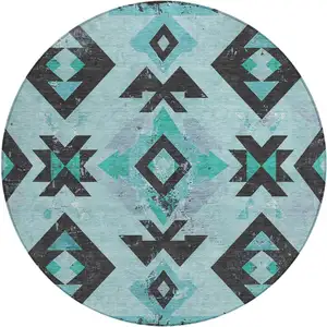 Photo of 8' Teal Blue Charcoal And Pale Aqua Round Aztec Washable Indoor Outdoor Area Rug