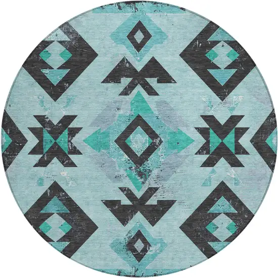 8' Teal Blue Charcoal And Pale Aqua Round Aztec Washable Indoor Outdoor Area Rug Photo 1