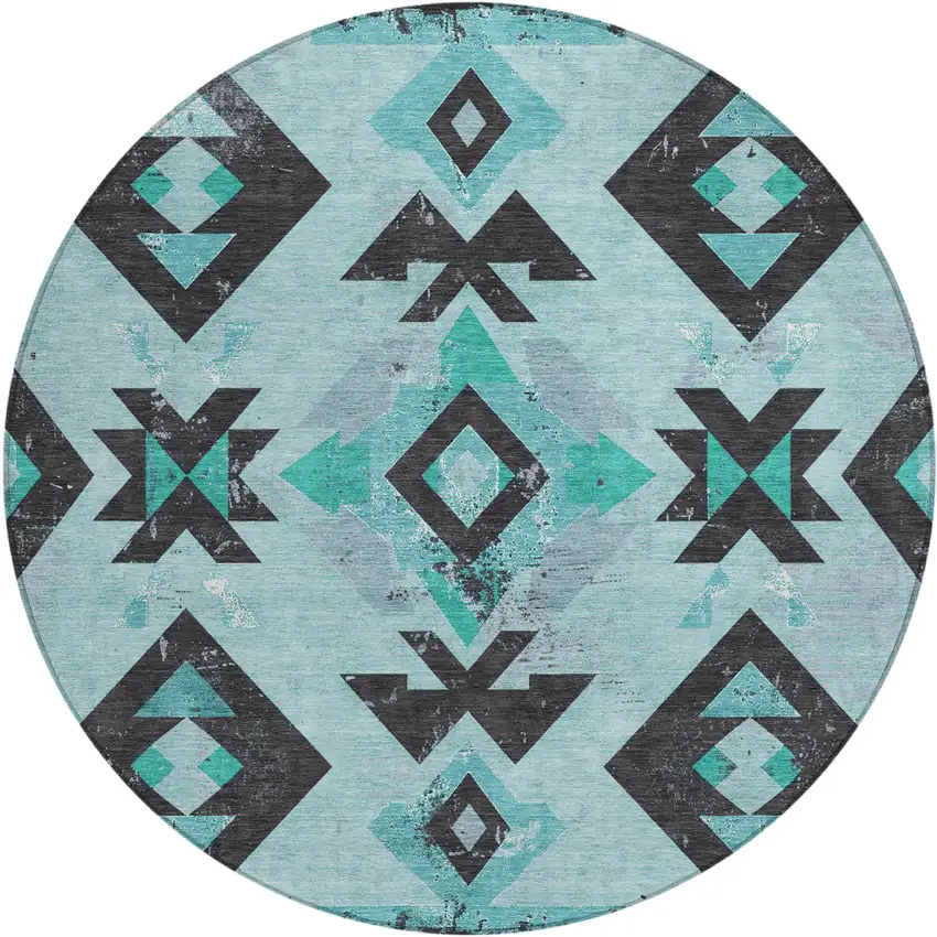 8' Teal Blue Charcoal And Pale Aqua Round Aztec Washable Indoor Outdoor Area Rug Photo 1