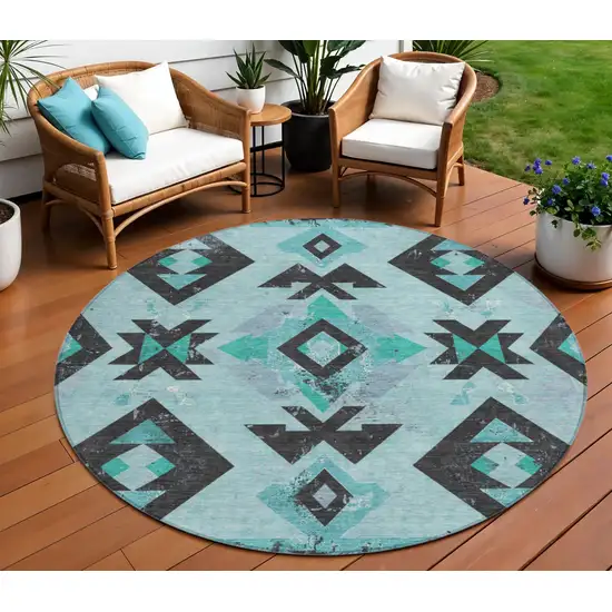 8' Teal Blue Charcoal And Pale Aqua Round Aztec Washable Indoor Outdoor Area Rug Photo 2