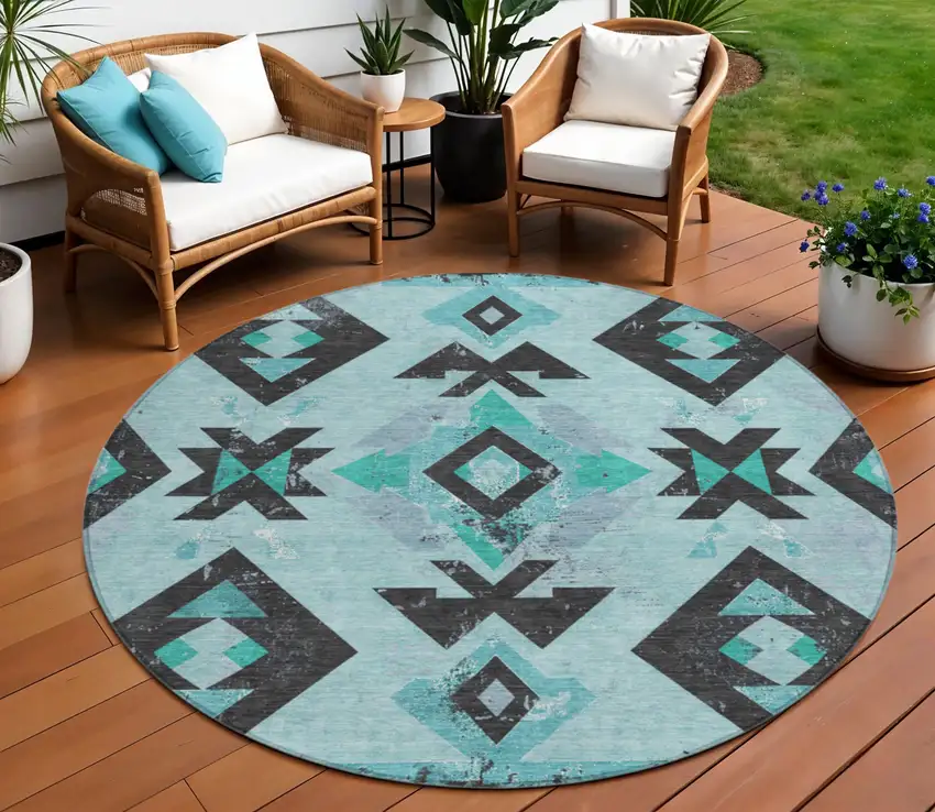 8' Teal Blue Charcoal And Pale Aqua Round Aztec Washable Indoor Outdoor Area Rug Photo 2