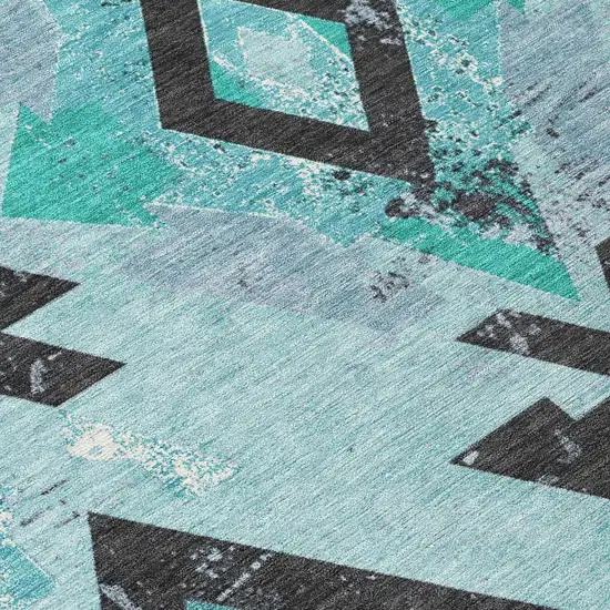 8' Teal Blue Charcoal And Pale Aqua Round Aztec Washable Indoor Outdoor Area Rug Photo 9