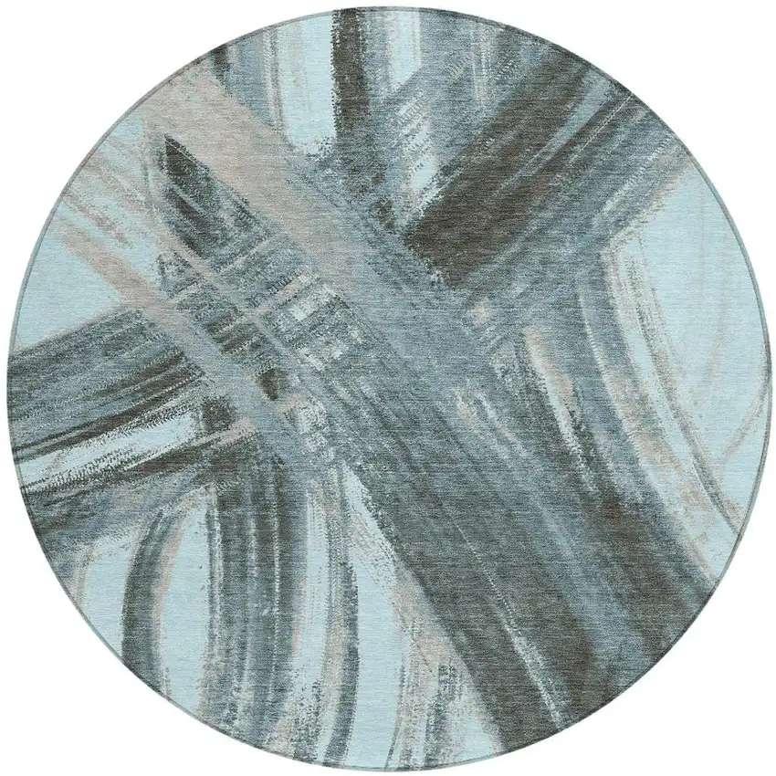 8' Teal Blue Charcoal And Silver Round Abstract Washable Indoor Outdoor Area Rug Photo 3