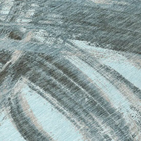 8' Teal Blue Charcoal And Silver Round Abstract Washable Indoor Outdoor Area Rug Photo 9