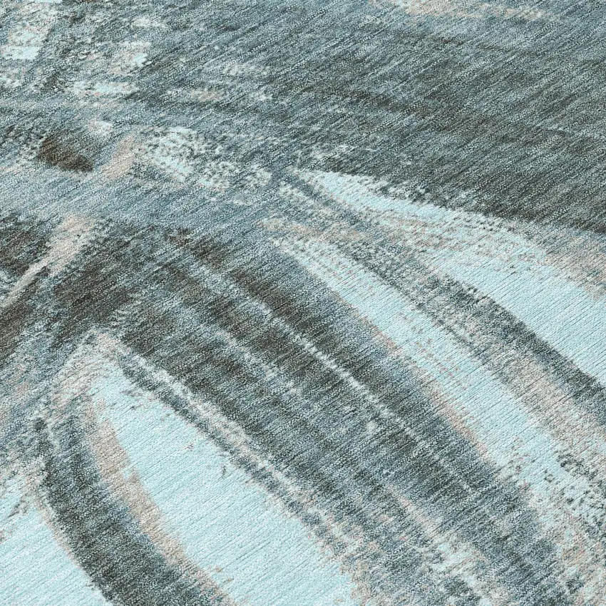 8' Teal Blue Charcoal And Silver Round Abstract Washable Indoor Outdoor Area Rug Photo 9