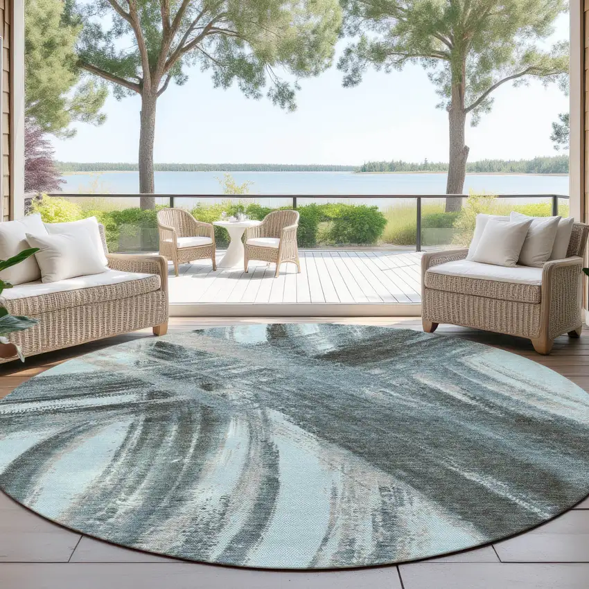 8' Teal Blue Charcoal And Silver Round Abstract Washable Indoor Outdoor Area Rug Photo 4
