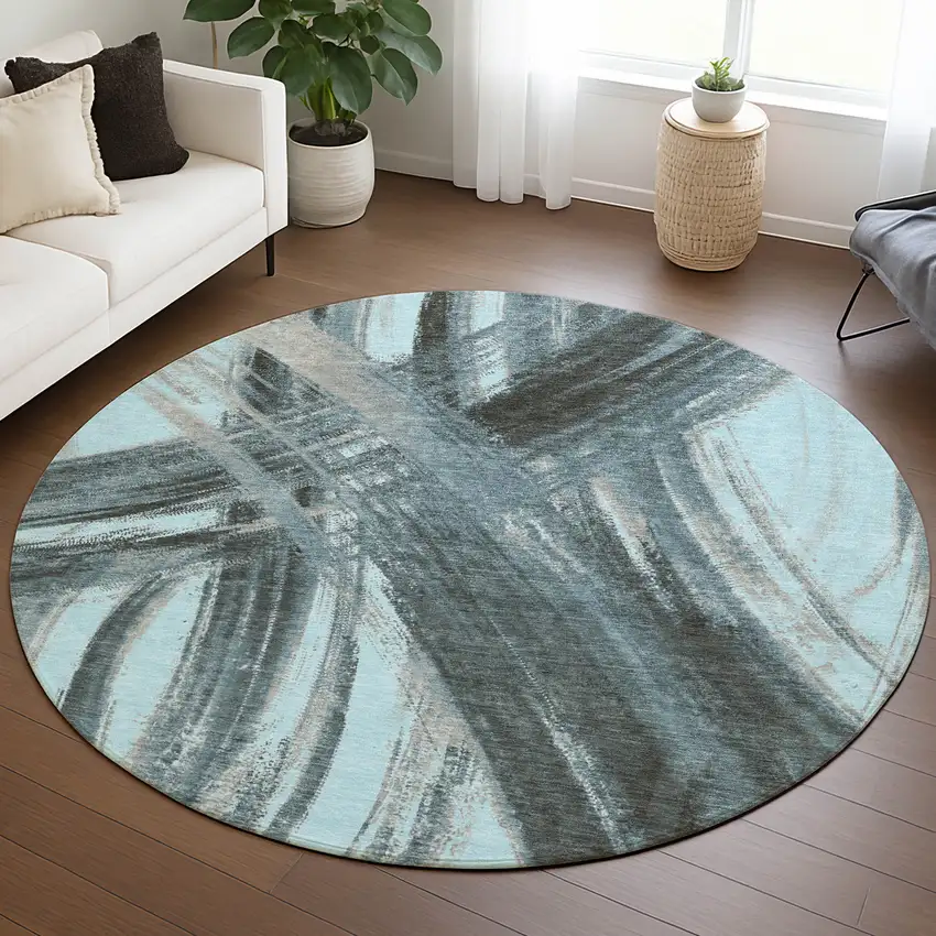 8' Teal Blue Charcoal And Silver Round Abstract Washable Indoor Outdoor Area Rug Photo 5