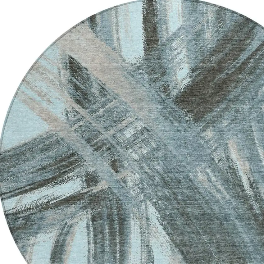 8' Teal Blue Charcoal And Silver Round Abstract Washable Indoor Outdoor Area Rug Photo 2