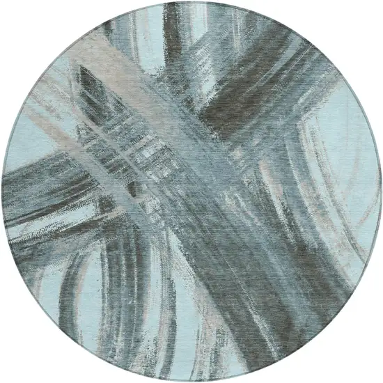 8' Teal Blue Charcoal And Silver Round Abstract Washable Indoor Outdoor Area Rug Photo 1