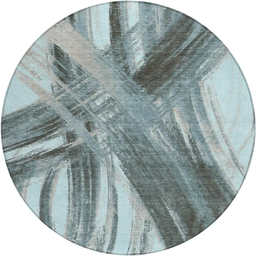 8' Teal Blue Charcoal And Silver Round Abstract Washable Indoor Outdoor Area Rug Photo 1