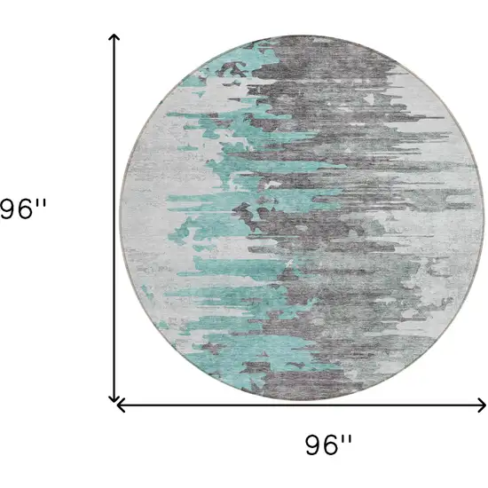 8' Teal Blue Charcoal And Silver Round Abstract Washable Indoor Outdoor Area Rug Photo 3