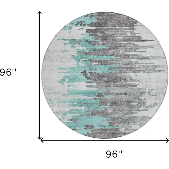 8' Teal Blue Charcoal And Silver Round Abstract Washable Indoor Outdoor Area Rug Photo 3