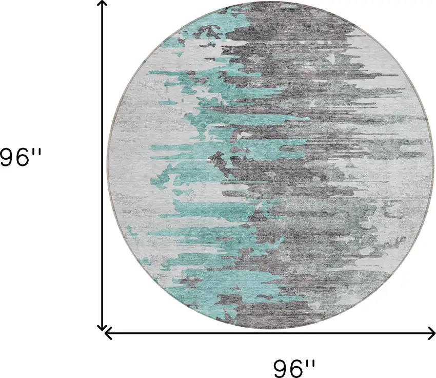 8' Teal Blue Charcoal And Silver Round Abstract Washable Indoor Outdoor Area Rug Photo 3
