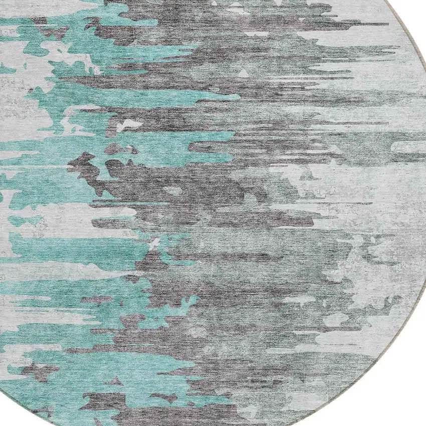 8' Teal Blue Charcoal And Silver Round Abstract Washable Indoor Outdoor Area Rug Photo 4