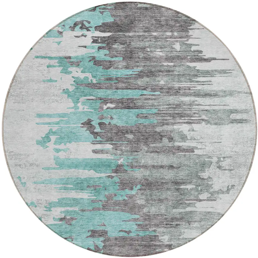 8' Teal Blue Charcoal And Silver Round Abstract Washable Indoor Outdoor Area Rug Photo 1