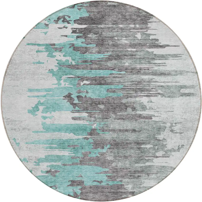 8' Teal Blue Charcoal And Silver Round Abstract Washable Indoor Outdoor Area Rug Photo 1