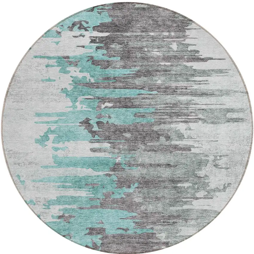 8' Teal Blue Charcoal And Silver Round Abstract Washable Indoor Outdoor Area Rug Photo 5