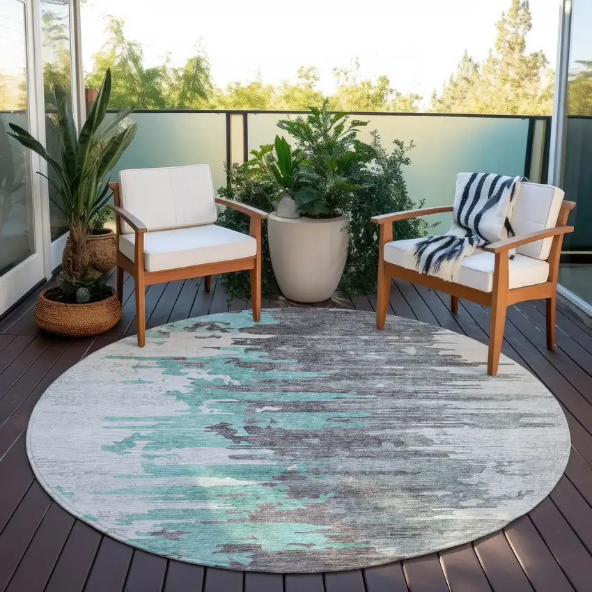 8' Teal Blue Charcoal And Silver Round Abstract Washable Indoor Outdoor Area Rug Photo 6