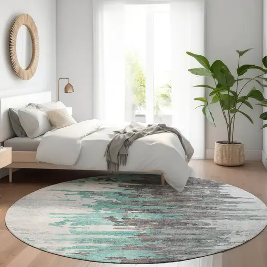 8' Teal Blue Charcoal And Silver Round Abstract Washable Indoor Outdoor Area Rug Photo 7