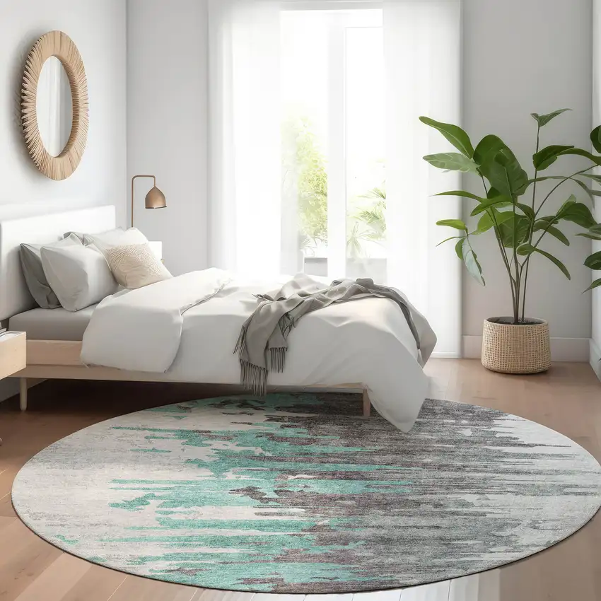 8' Teal Blue Charcoal And Silver Round Abstract Washable Indoor Outdoor Area Rug Photo 7