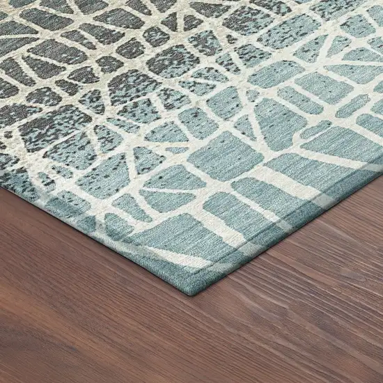 8' Teal Blue Chocolate And Beige Round Geometric Washable Indoor Outdoor Area Rug Photo 8