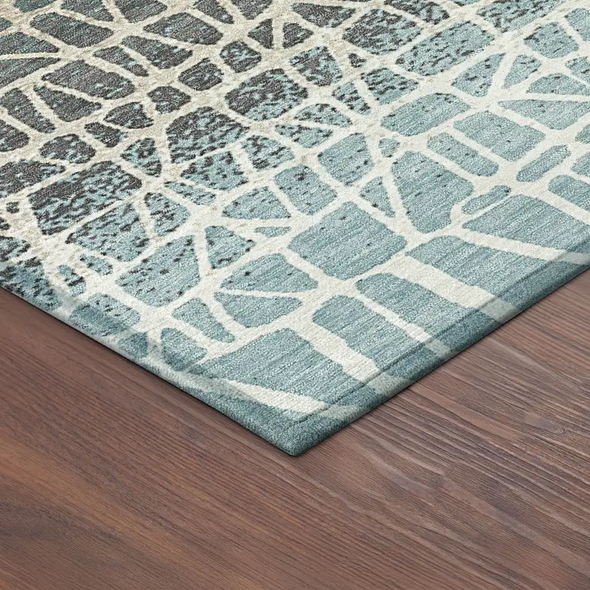 8' Teal Blue Chocolate And Beige Round Geometric Washable Indoor Outdoor Area Rug Photo 8